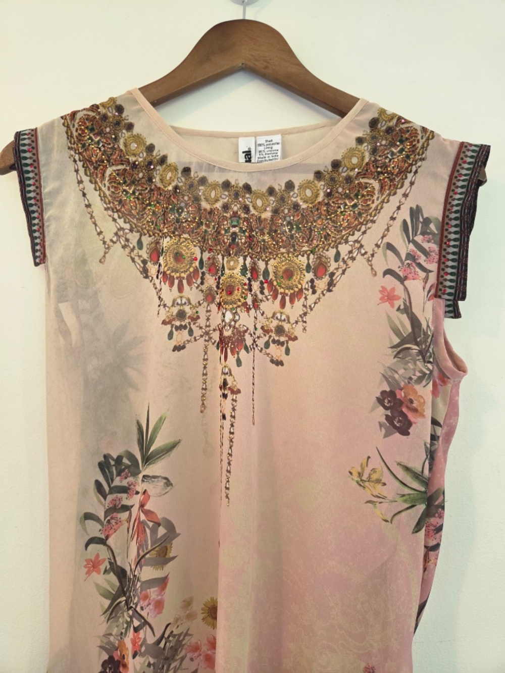 Desigual dress L pink/black midi hi/low metallic florals gems sleeveless boho - Picture 4 of 16